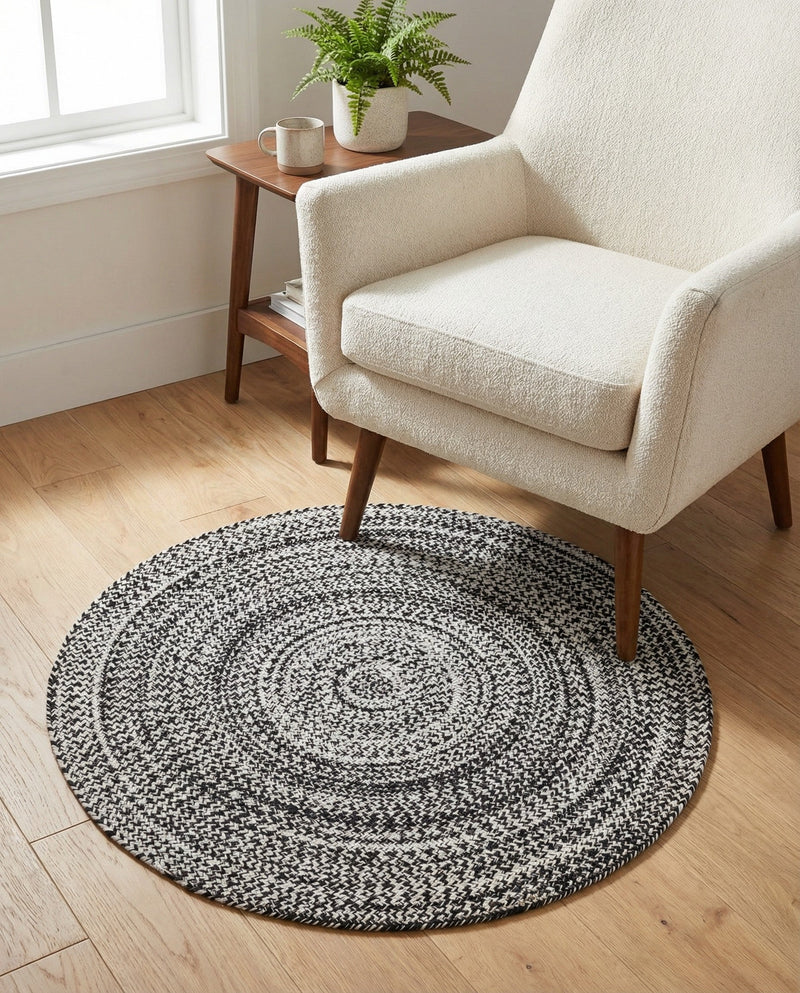 Sustainable Strands Indoor-Outdoor Oasis Collection Area Rug -  Sandbar (Black and White) Round Black and White  lifestyle 59