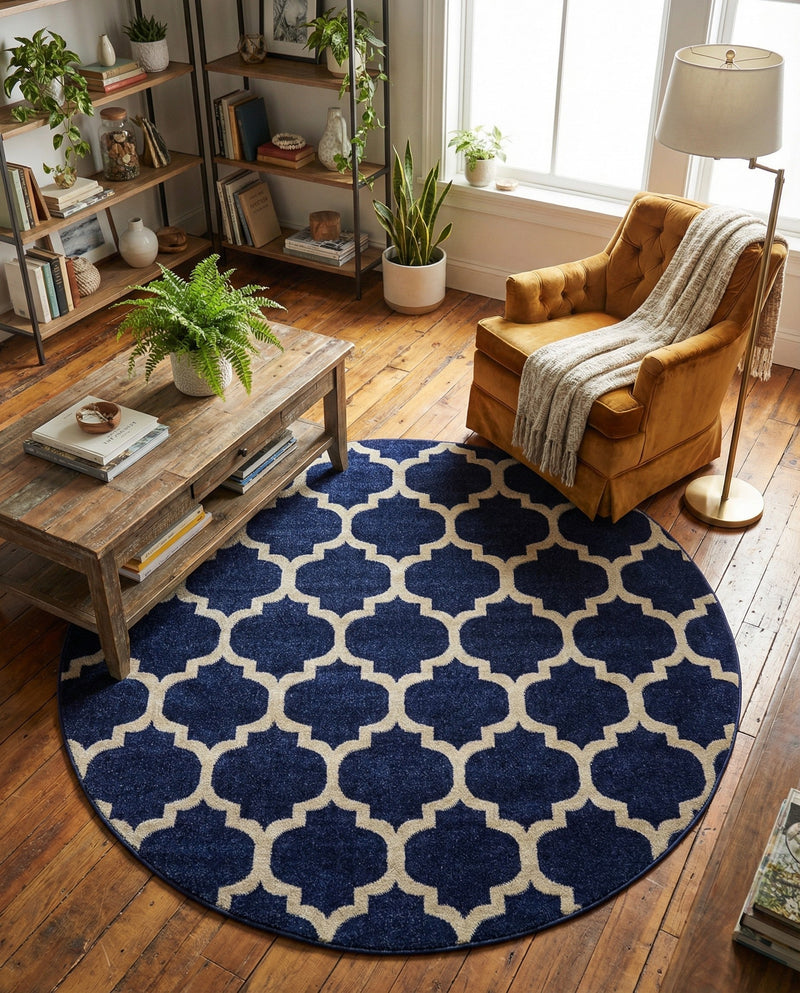 Lattice Gardens Collection Area Rug -  Bloomfield (Dark Blue) Round Dark Blue  lifestyle 65