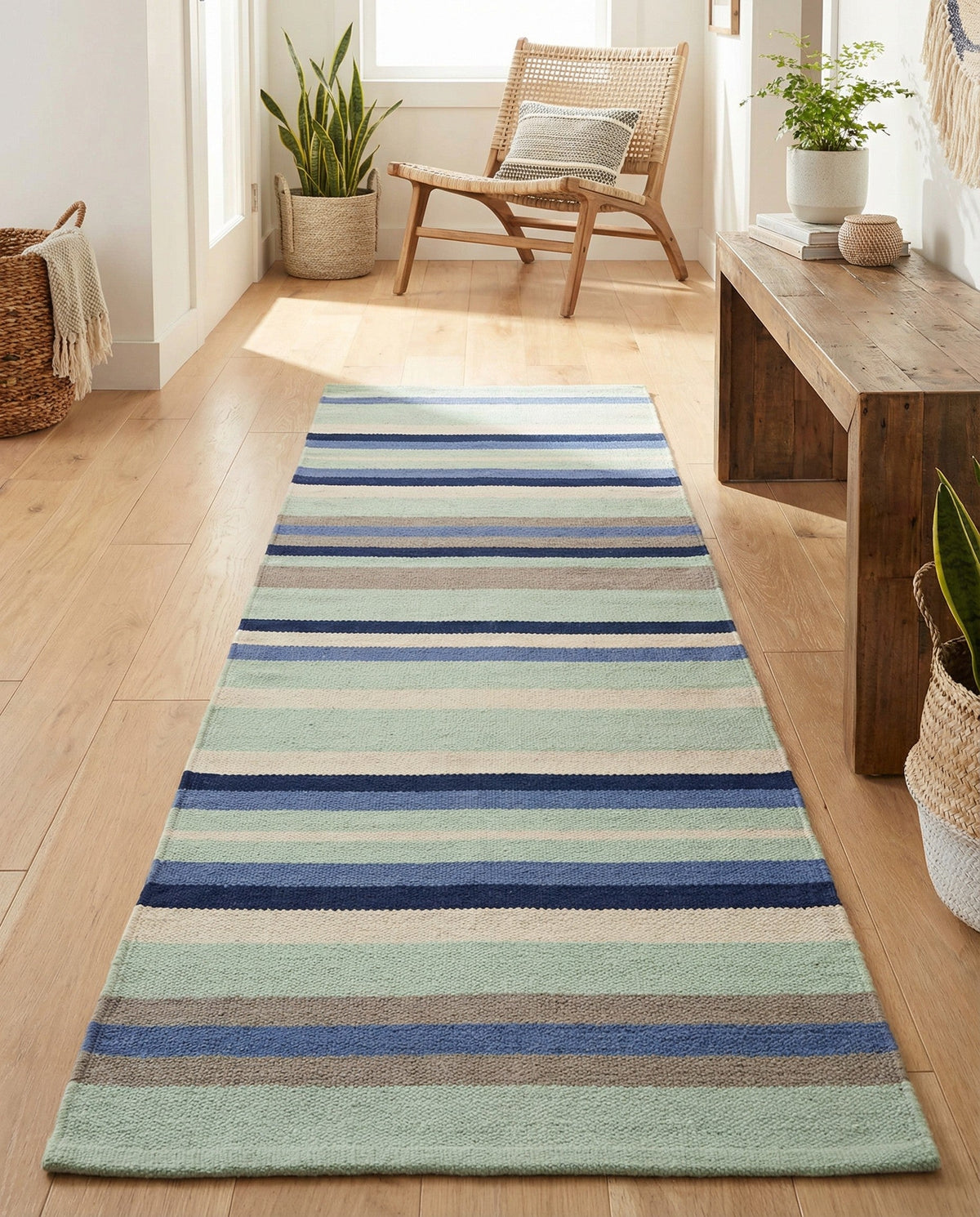 Coastal Stripe Dhurrie Collection Area Rug - Seashore Runner Aqua Blue and Gray  lifestyle 120