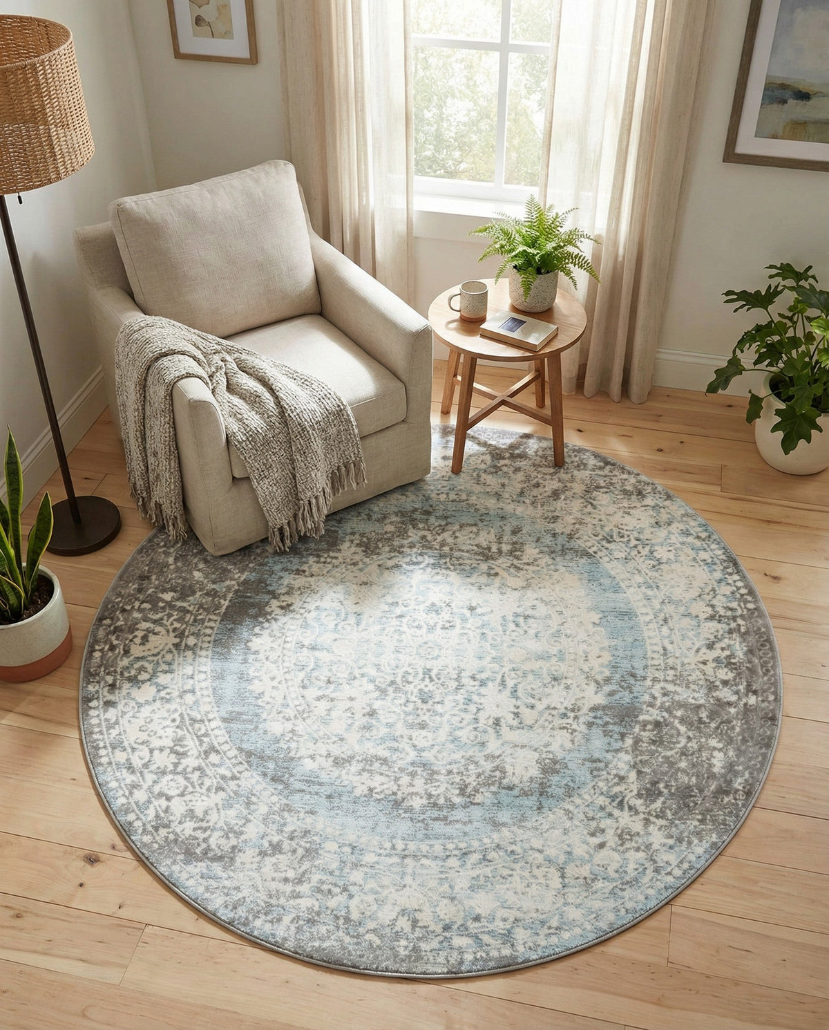 Rustic Charm Revival Collection Area Rug -  Meadowland Round Light Blue  lifestyle 120
