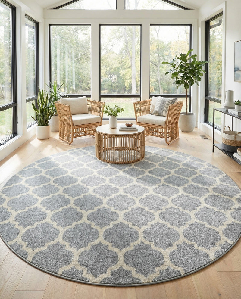 Lattice Gardens Collection Area Rug -  Bloomfield (Light Gray) Round Light Gray  lifestyle 46