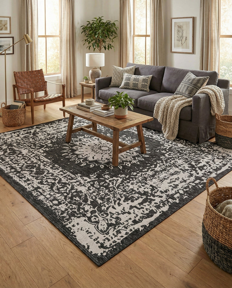 Patio Heritage Collection Area Rug -  Lafayette (Black and White) Square Black and White  lifestyle 75