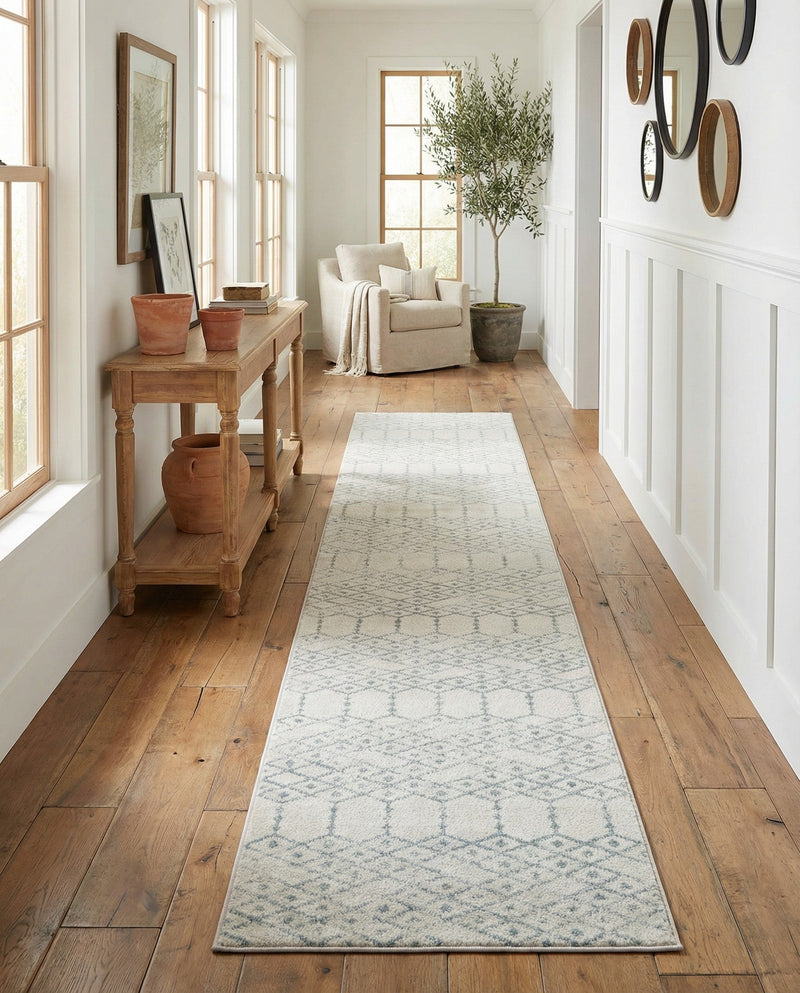 Marrakesh Lattice Collection Area Rug - Casablanca (Ivory Aqua) Runner Ivory Aqua  lifestyle 76