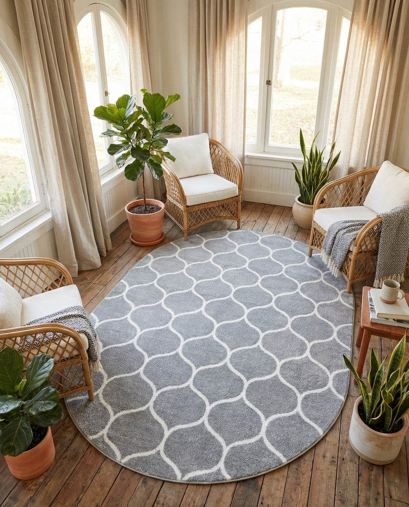 Trellis Mosaic Collection Area Rug -  Pergolatown (Light Gray) Oval Light Gray  lifestyle 94