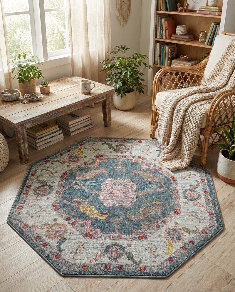 Arcadia Rugs Collection Area Rug - Eden (Gray and Blue) Octagon Gray and Blue  lifestyle 49