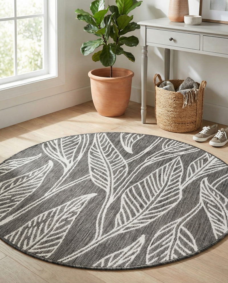 Seaside Blooms Collection Area Rug -  Evergreen (Ivory Charcoal) Round Ivory Charcoal  lifestyle 43