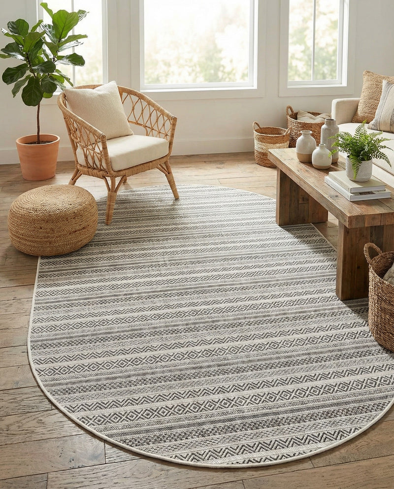 Seaside Stripes Collection Area Rug -  Boardwalk (Beige) Oval Beige  lifestyle 18