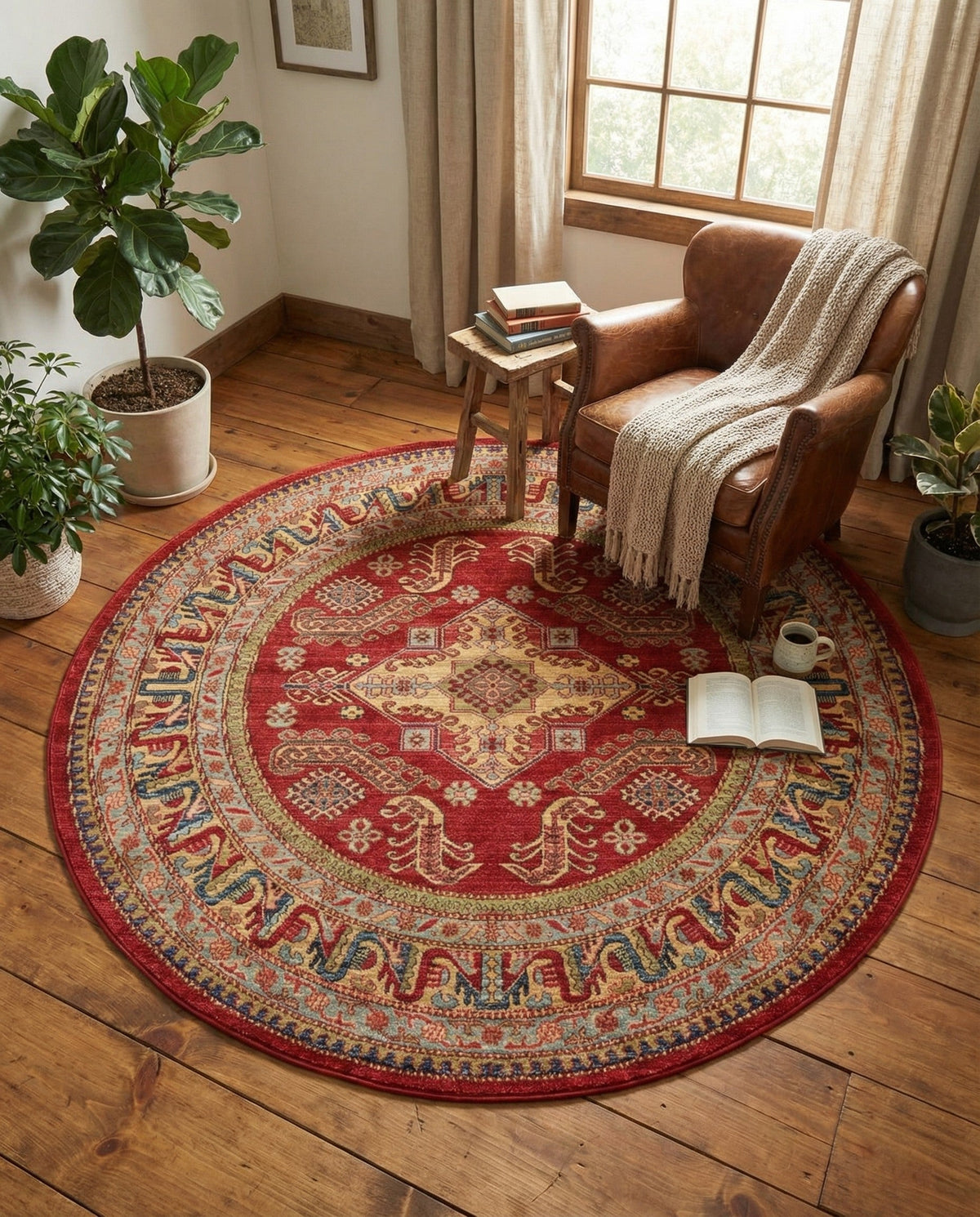 Persian Elegance Collection Area Rug -  Ardabil Round Red  lifestyle 45