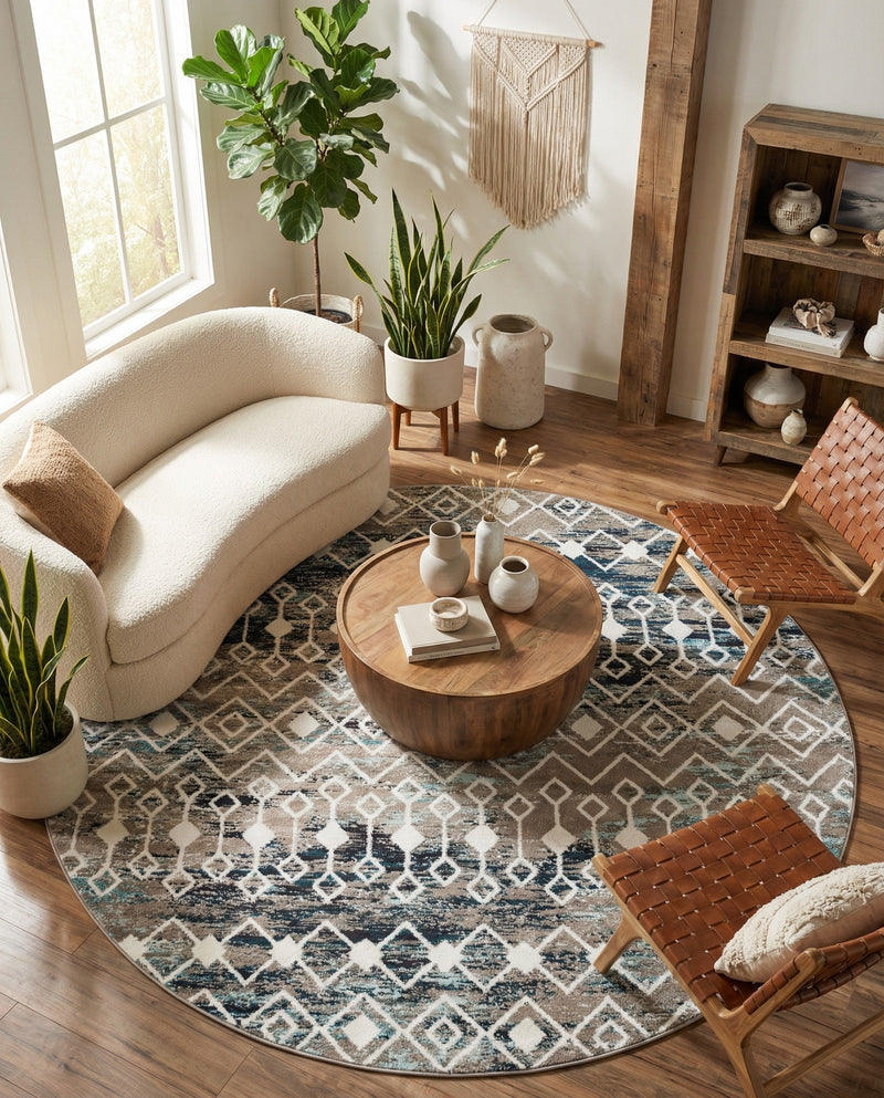 Mediterranean Lattice Collection Area Rug - Santorini (Multi Gray Blue) Round Multi Gray Blue  lifestyle 57