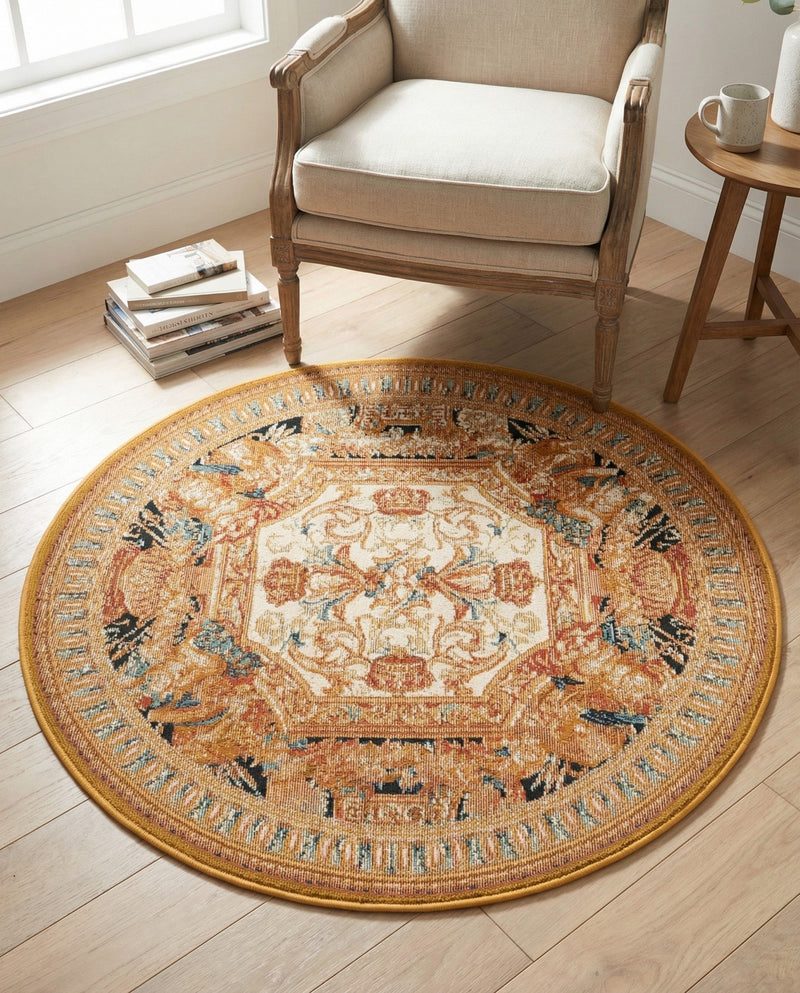 Patio Heritage Collection Area Rug - Veranda Round Black Gold Brown  lifestyle 74