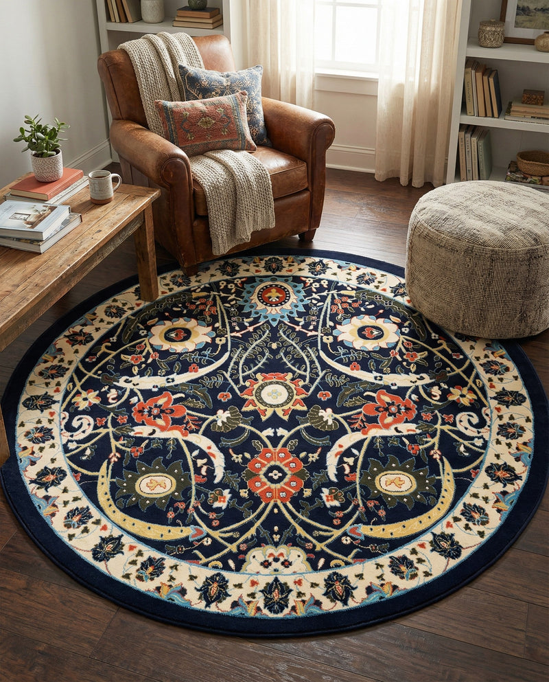 Tabriz Tapestry Collection Area Rug - Sahand (Navy Blue) Round Navy Blue  lifestyle 51