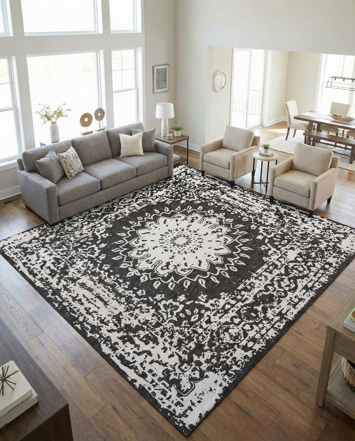 Patio Heritage Collection Area Rug -  Lafayette (Black and White) Square Black and White  lifestyle 85