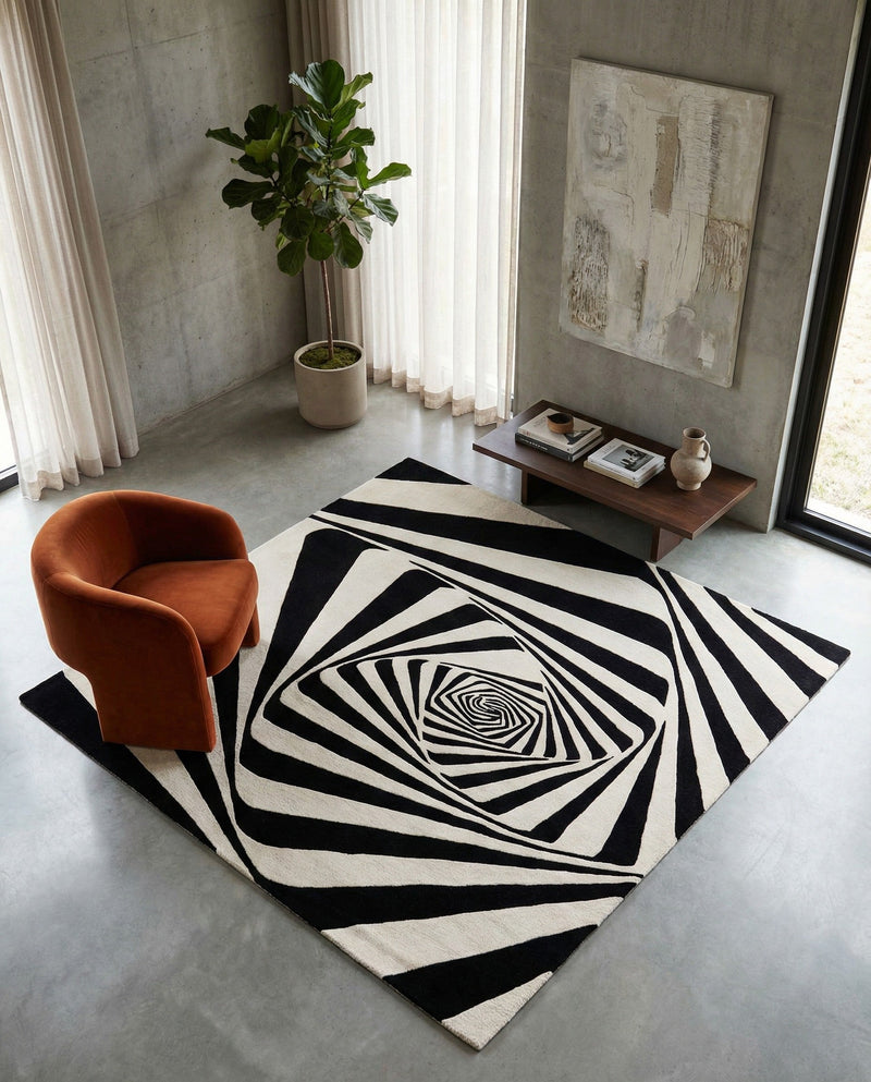 Cyclone Wool Collection Area Rug -  Twister Square Black and White  lifestyle 44