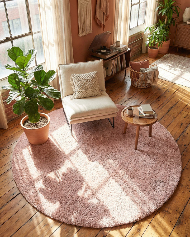 Solid Shag Seaside Collection Area Rug - Azure Cove (Pink) Round Pink  lifestyle 45