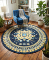 Tabriz Tapestries Collection Area Rug - Azerbaijan (Navy Blue) Round Navy Blue  lifestyle 54