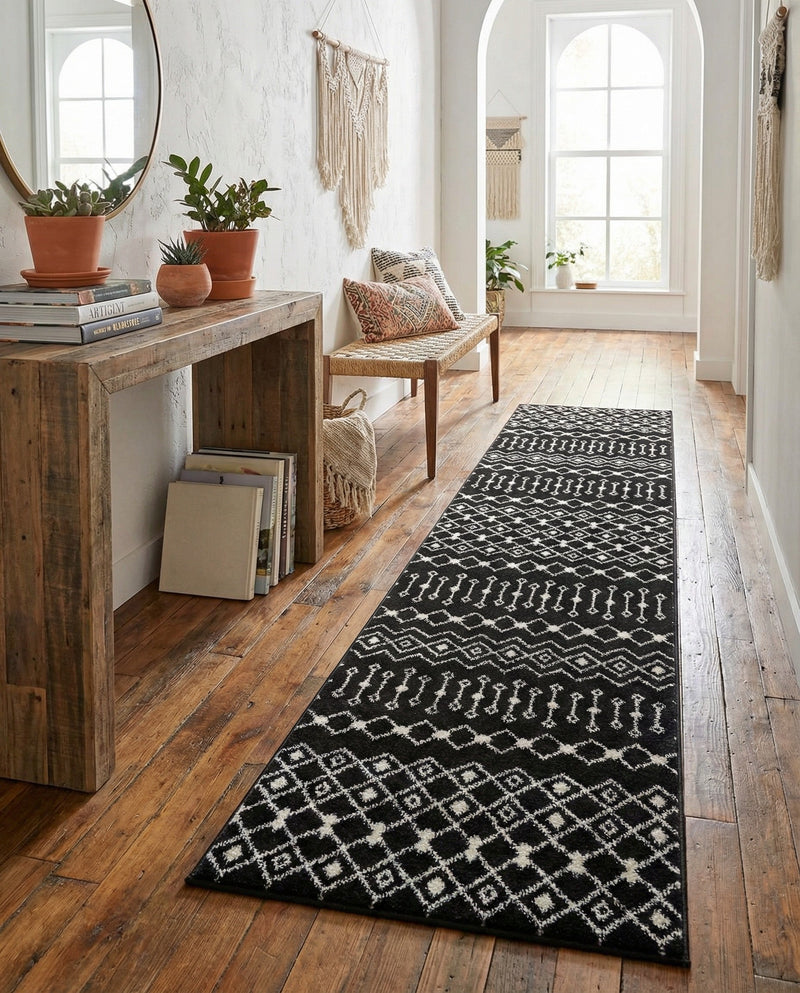 Mediterranean Lattice Collection Area Rug - Santorini (Black and White) Runner Black and White  lifestyle 56