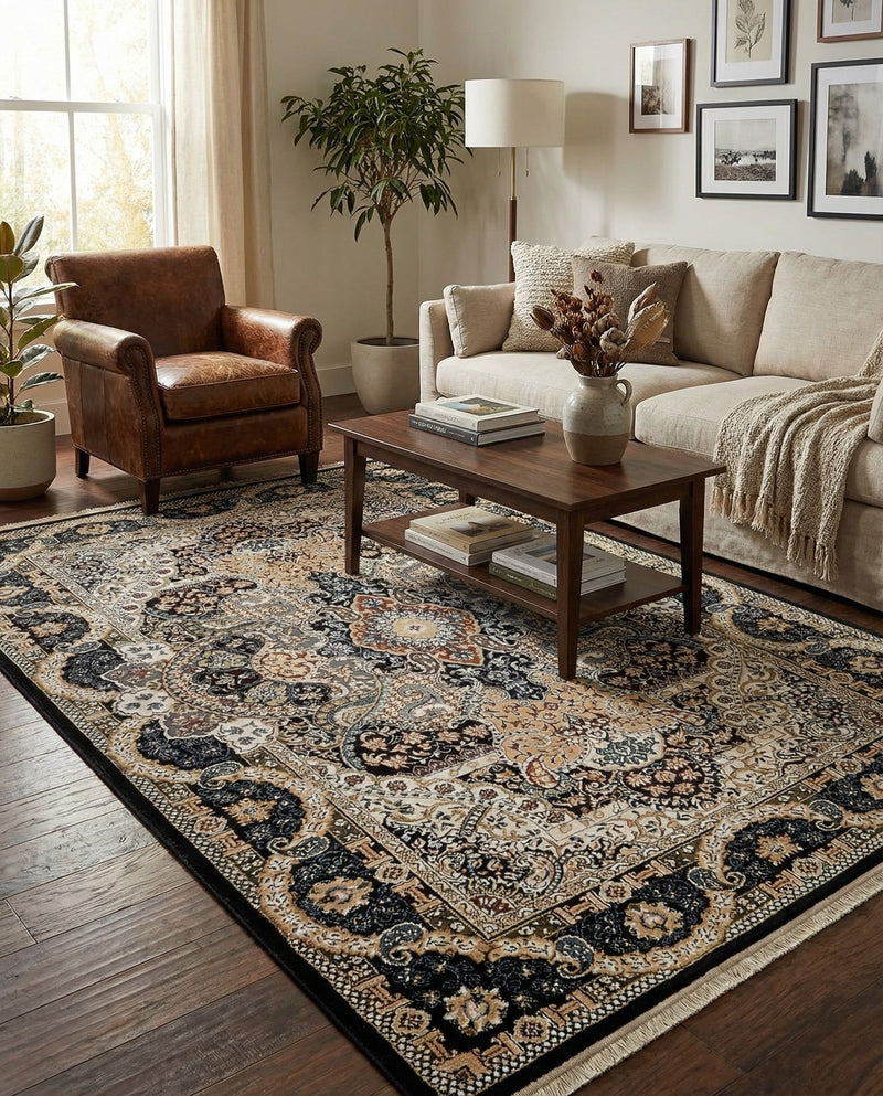 Persian Elegance Collection Area Rug -  Shiraz Rectangle Navy Blue  lifestyle 60