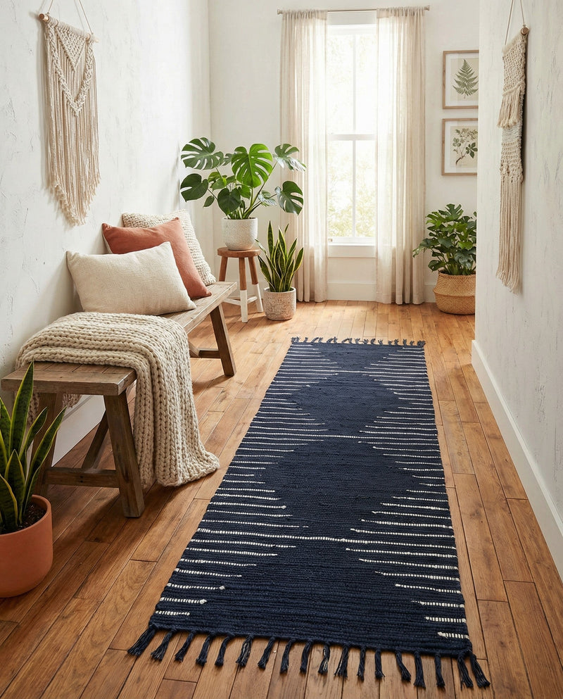 Thar Cotton Collection Area Rug - Jaisalmer (Navy Blue) Runner Navy Blue  lifestyle 53