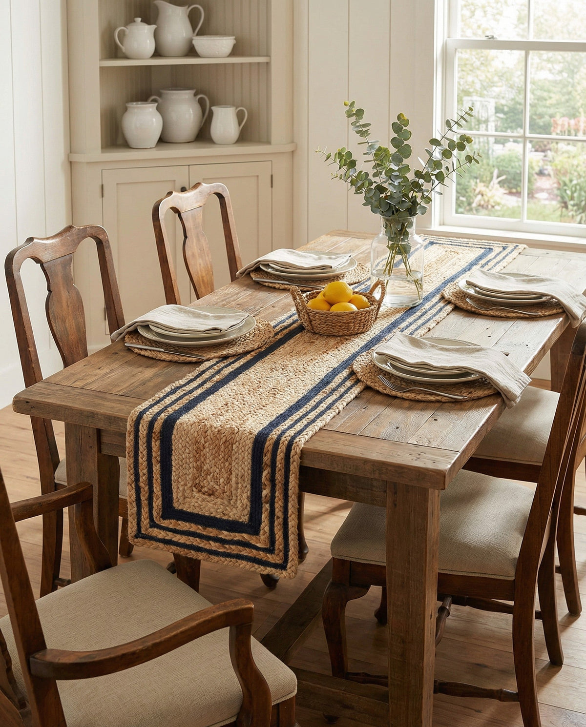 Woven Seaside Jute Collection Area Rug - Nantucket Table Runner Natural and Navy Blue  lifestyle 111