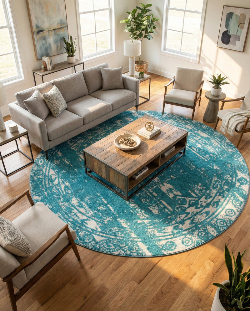 Brighton Stripes Collection Area Rug - Sussex (Turquoise) Round Turquoise  lifestyle 51