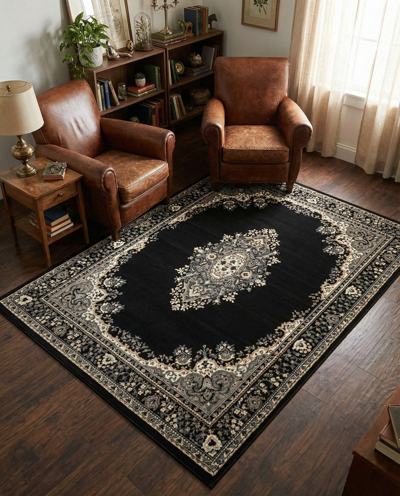Tabriz Tapestry Collection Area Rug - Azerbaijan (Black) Rectangle Black  lifestyle 30