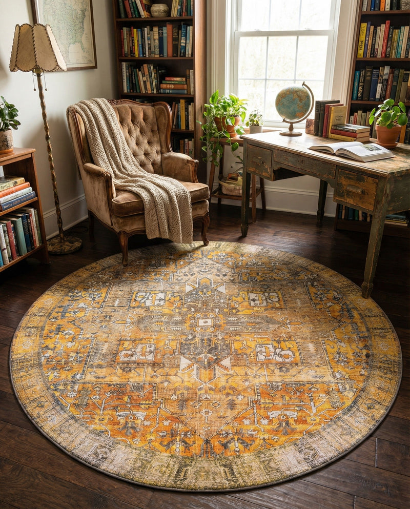 Heritage Elegance Collection Area Rug -  Windsor (Yellow) Round Yellow  lifestyle 45