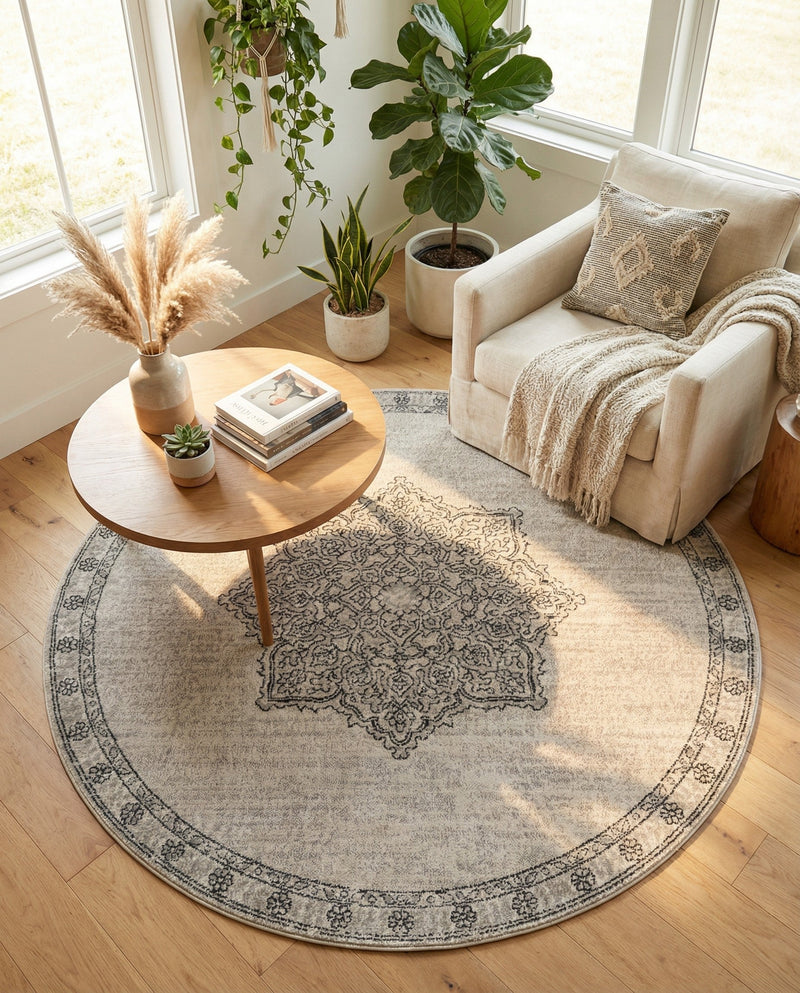 Mykonos Manor Collection Area Rug -  Tinos (Ivory) Round Ivory  lifestyle 62