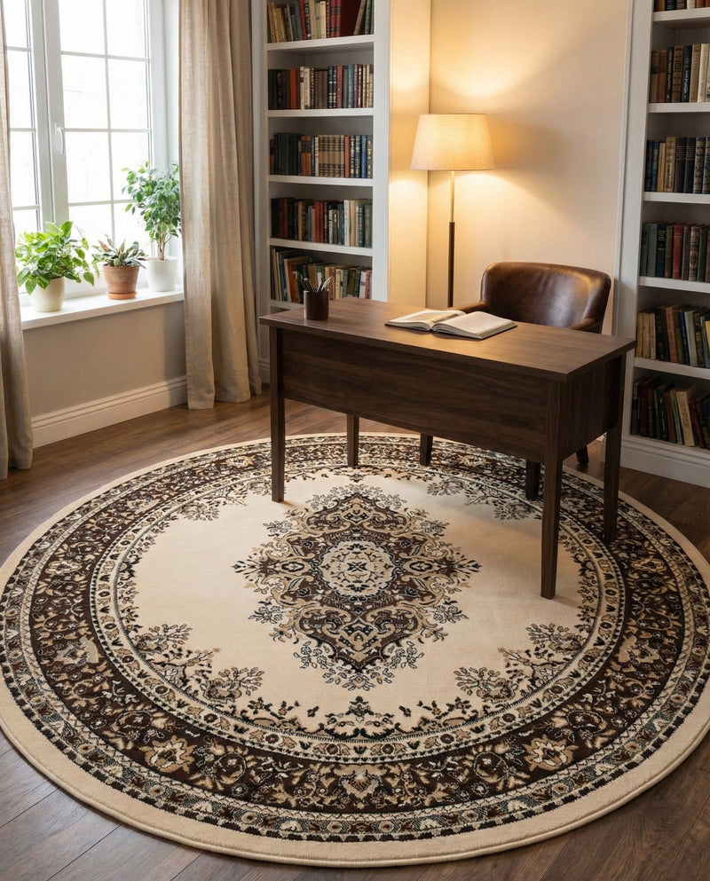 Tabriz Tapestry Collection Area Rug - Azerbaijan (Ivory) Round Ivory  lifestyle 40