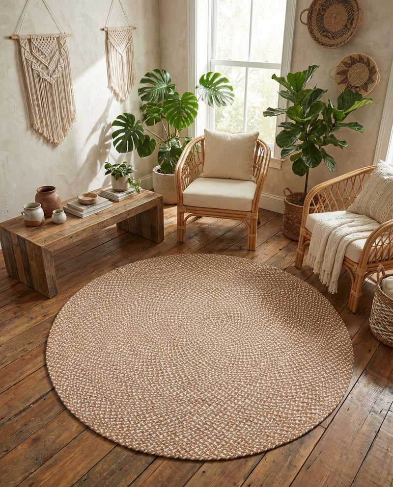 Highland Woven Jute Collection Area Rug - Glenmore (Light Brown) Round Light Brown  lifestyle 58