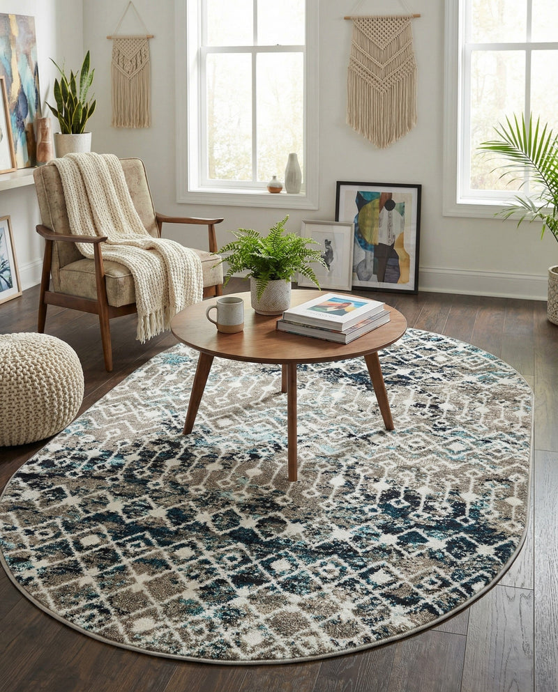 Mediterranean Lattice Collection Area Rug - Santorini (Multi Gray Blue) Oval Multi Gray Blue  lifestyle 81