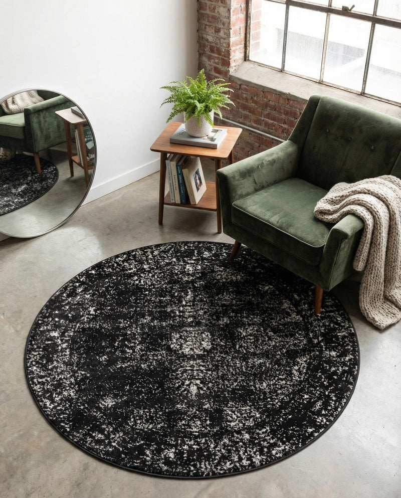 Riviera Elegance Collection Area Rug - Antibes (Black) Round Black  lifestyle 76