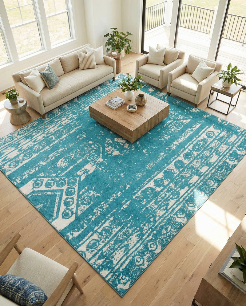 Brighton Stripes Collection Area Rug - Sussex (Turquoise) Square Turquoise  lifestyle 56