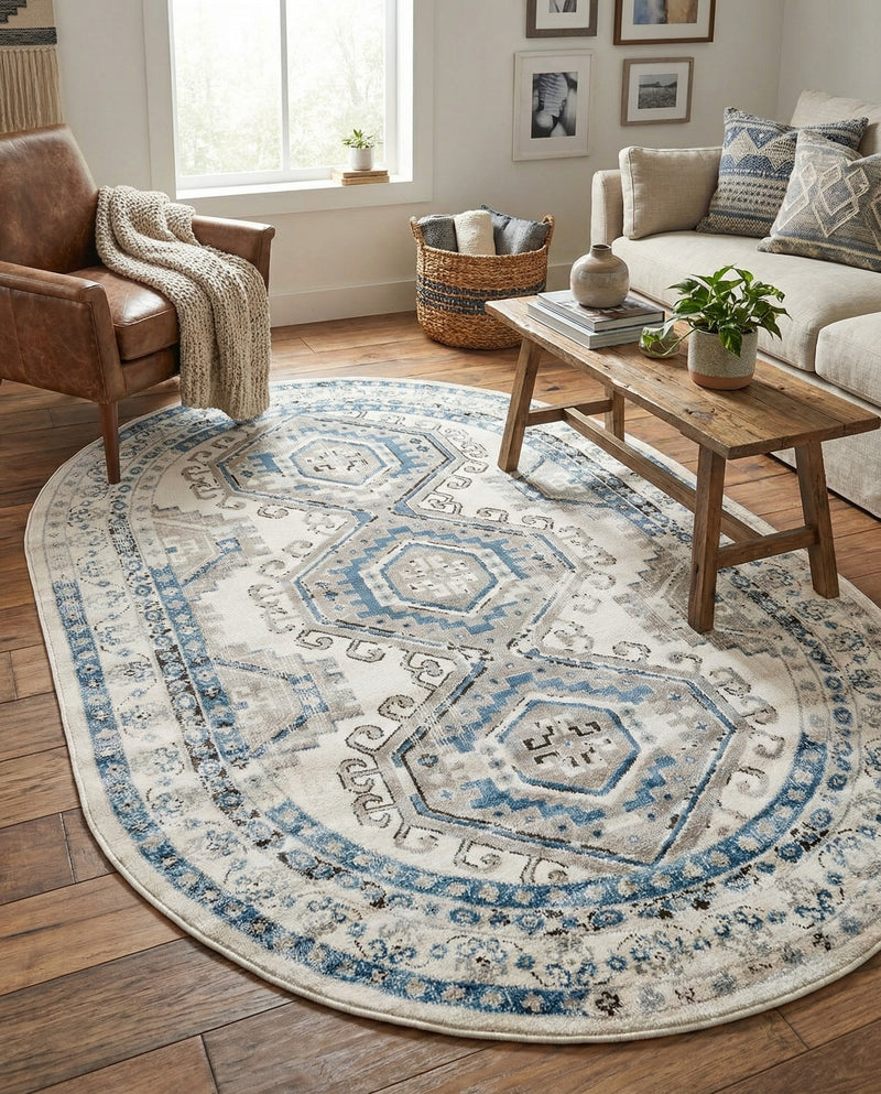 Savannah Elegance Collection Area Rug -  Tybee (Ivory Aqua) Oval Ivory Aqua  lifestyle 39