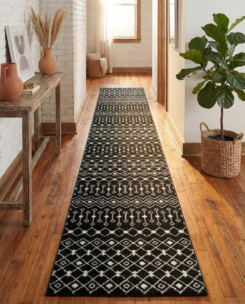 Mediterranean Lattice Collection Area Rug - Santorini (Black and White) Runner Black and White  lifestyle 37