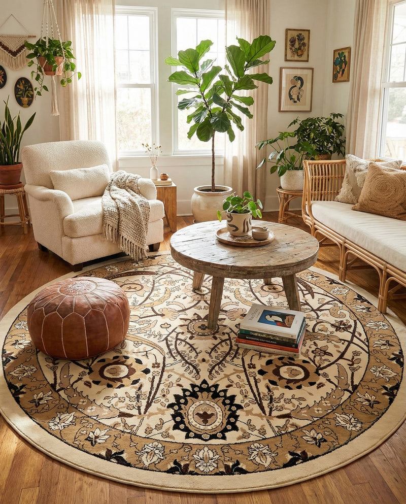 Tabriz Tapestry Collection Area Rug - Sahand (Ivory) Round Ivory  lifestyle 33