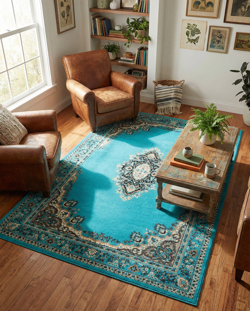 Tabriz Tapestry Collection Area Rug - Azerbaijan (Turquoise) Rectangle Turquoise  lifestyle 12