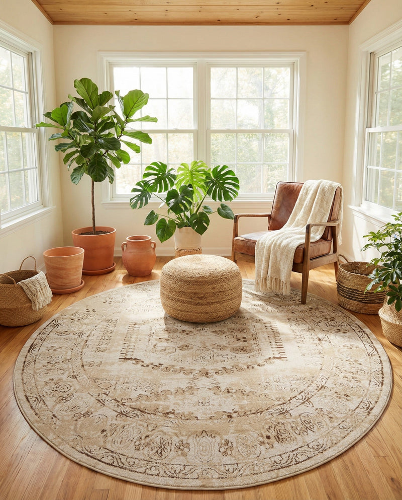Eden Oasis Collection Area Rug -  Refuge (Beige) Round Beige  lifestyle 57