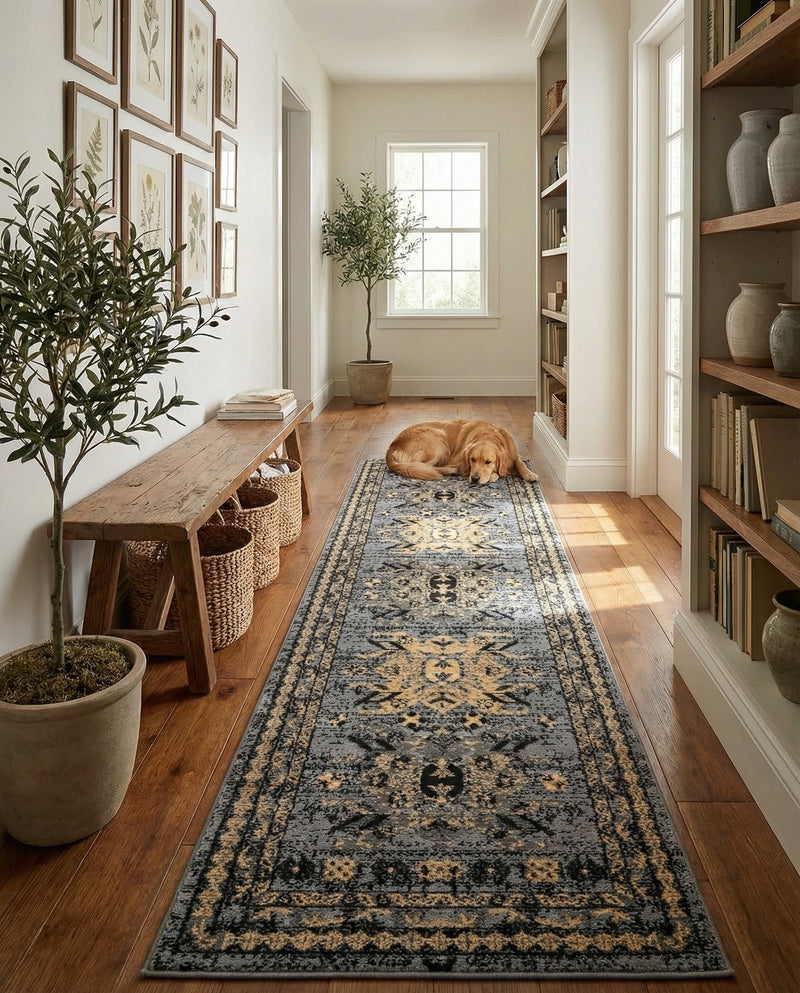 Tabriz Tapestries Collection Area Rug - Azerbaijan (Gray) Runner Gray  lifestyle 36