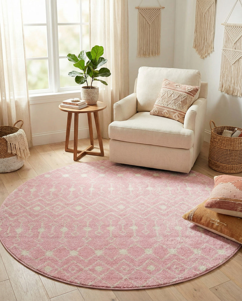 Mediterranean Lattice Collection Area Rug - Santorini (Pink) Round Pink  lifestyle 70