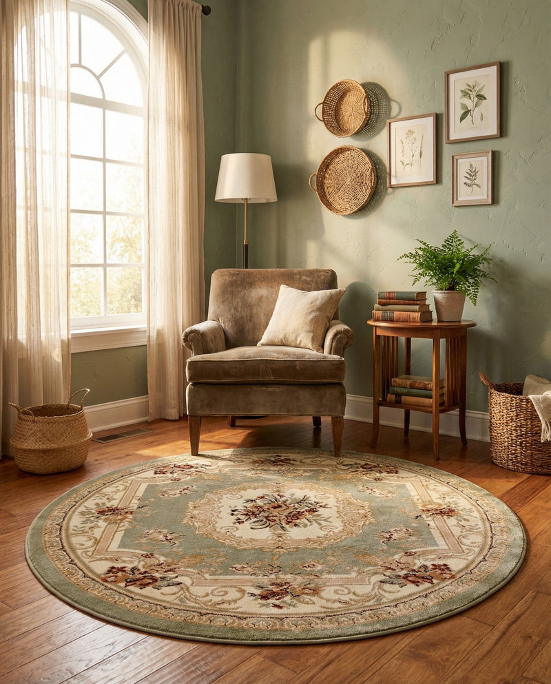 Versailles Elegance Collection Area Rug -  Louveciennes (Green) Round Green  lifestyle 85