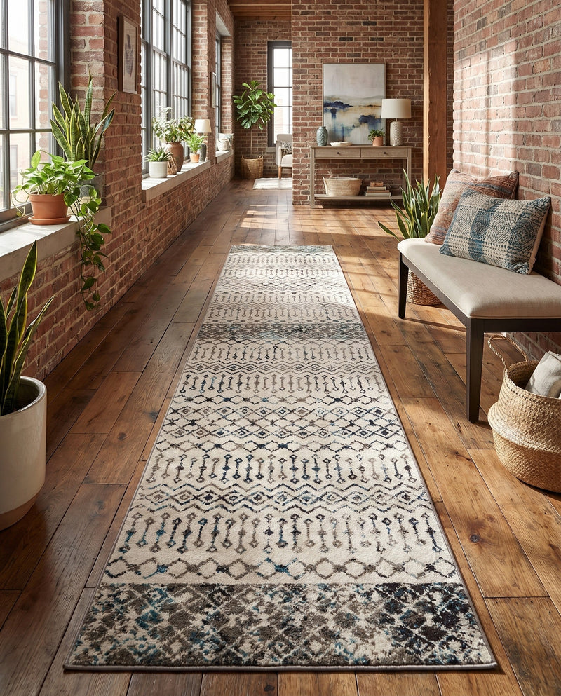 Mediterranean Lattice Collection Area Rug -  Casablanca (Ivory Gray Blue) Runner Ivory Gray Blue  lifestyle 44