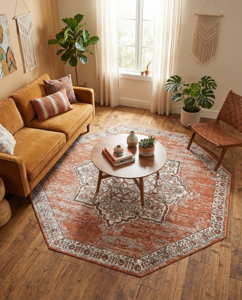 Mykonos Manor Collection Area Rug -  Tinos (Salmon Pink) Octagon Salmon Pink  lifestyle 44