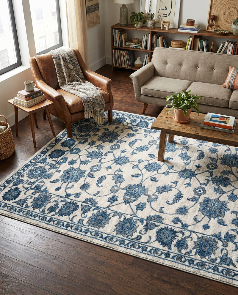 Charleston Elegance Collection Area Rug -  Seaport (White Blue) Rectangle White Blue  lifestyle 21
