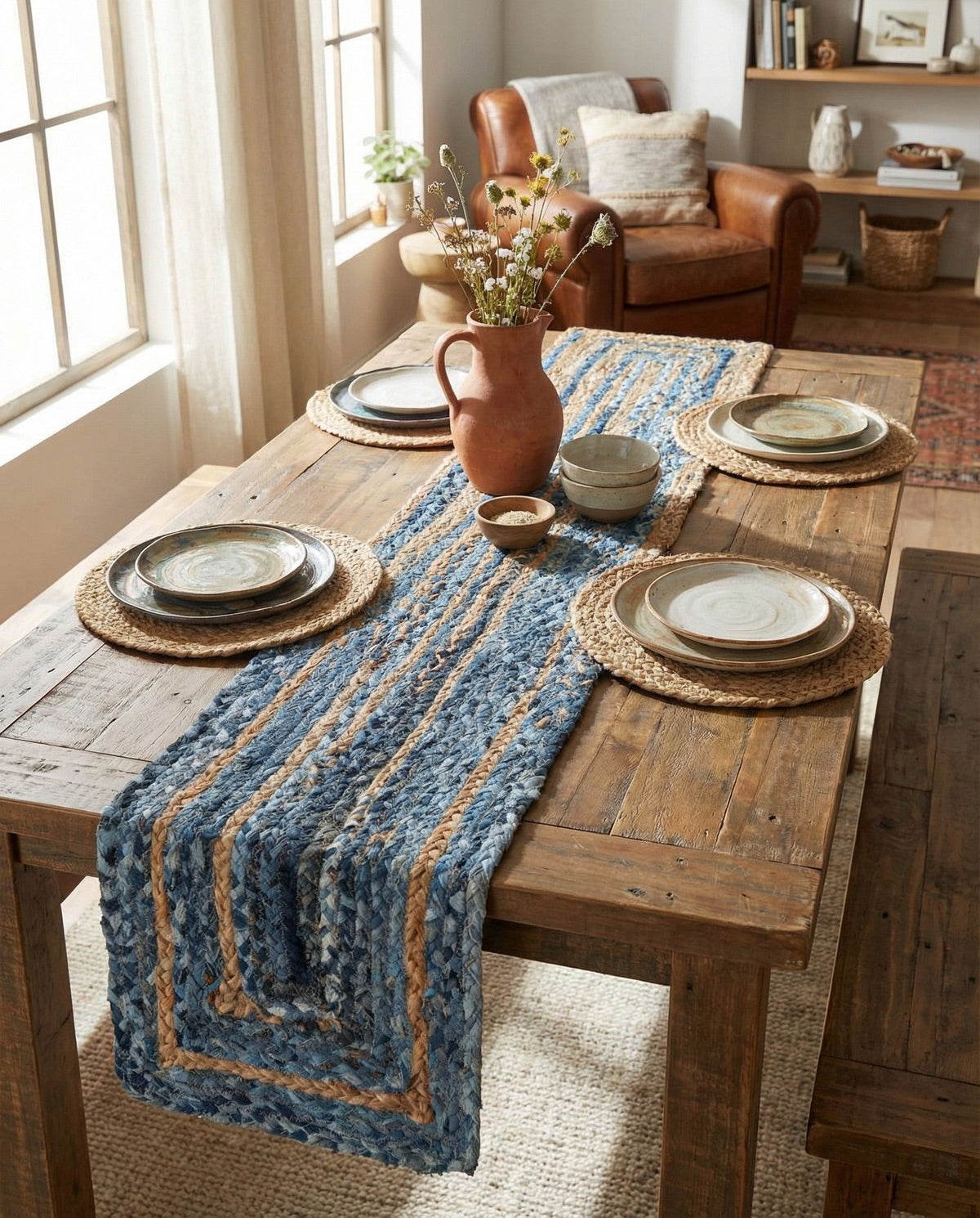 Woven Udaipur Collection Area Rug - Sahara Table Runner Blue and Natural  lifestyle 94
