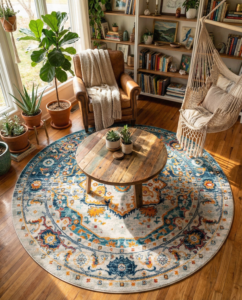 Parisian Elegance Collection Area Rug - Versailles (Teal) Round Teal  lifestyle 71