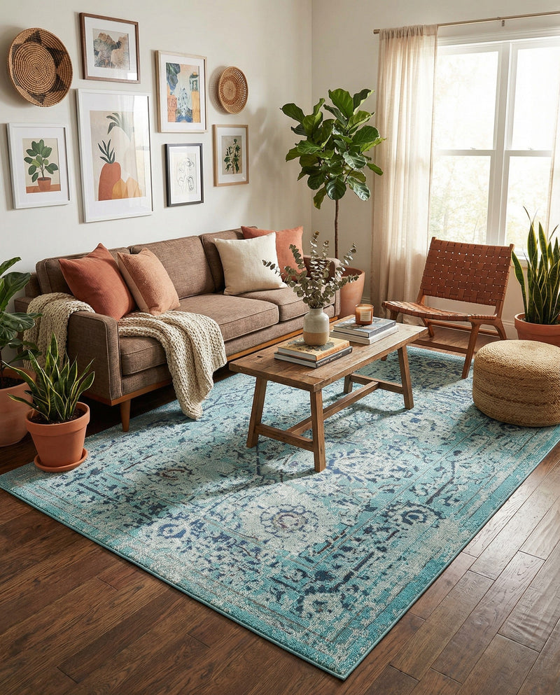 Chateau Elegance Collection Area Rug -  Louvre Rectangle Light Blue  lifestyle 72