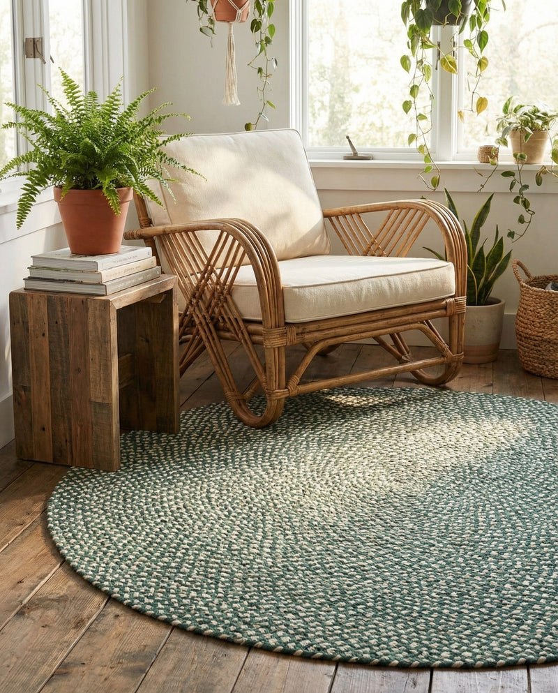 Highland Woven Jute Collection Area Rug - Glenmore (Green) Round Green  lifestyle 45