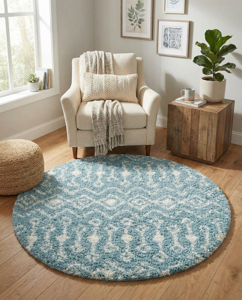 Berber Lattice Shag Collection Area Rug - Atlas (Light Blue) Round Light Blue  lifestyle 50
