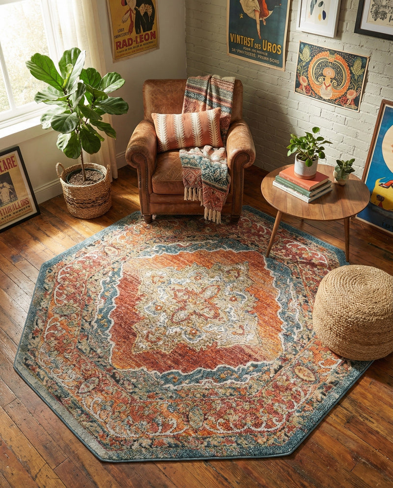 Savannah Soiree Collection Area Rug - Serengeti (Rust Red) Octagon Rust Red  lifestyle 67