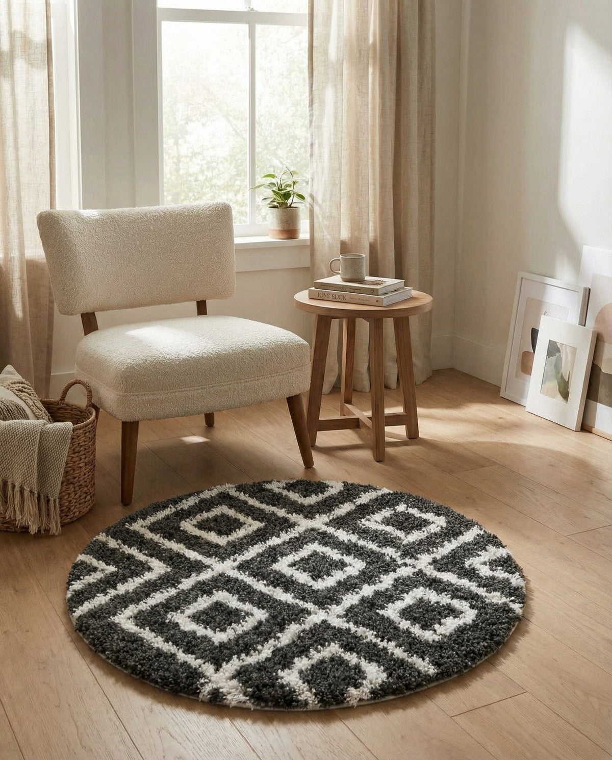 Cozy Cove Shag Collection Area Rug -  Dunes Round Black and White  lifestyle 179
